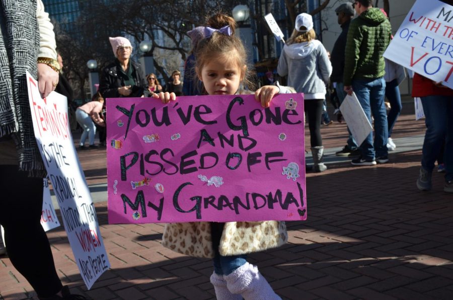 A young girl, was one of thousands of protestors at the Second Annual Womens March in San Francisco this past Saturday.