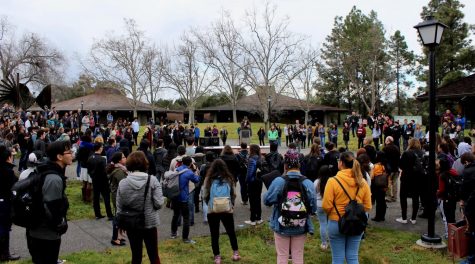 The Foothill College community listens to speeches from students and educators during the 17 minute National School Walkout.