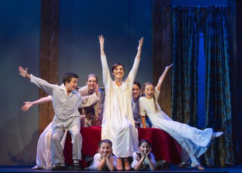 Maria (center – Jillian Bader) and the von Trapp children (clockwise from left: Billy Hutton, Madison Colgate, Jake Miller, Anna Savage, Jane Quiazon, Mary Hutton) all sing together to forget their fear of the thunder. 