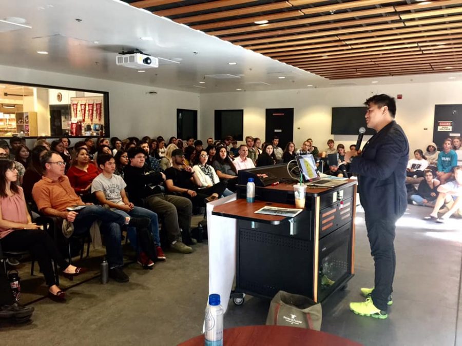 Jose Antonio Vargas delivers a lecture during the Immigration Teach - In at Foothill College.