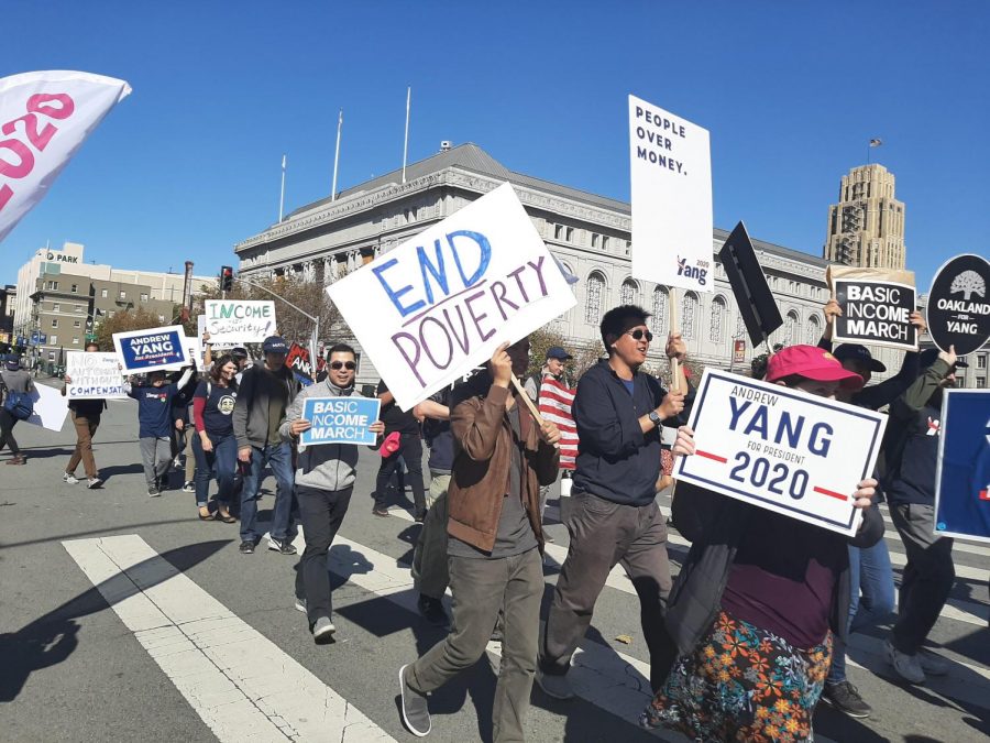 Universal basic income marchers in San Francisco.