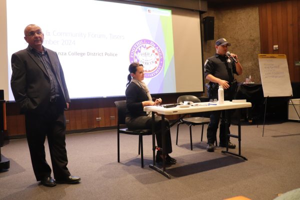 Chief Daniel Acosta, Community Relations Supervisor Joy Garza, and Sgt. Shane Lueddeke during the community forum.