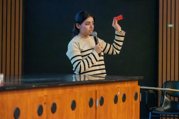 Mariana Haro from Santa Clara County's Rapid Response Network explains to students and faculty members of Foothill College the importance of using the "Red Card" when faced with ICE agents. The "Red Card" states the constitutional rights of the person to not allow ICE agents into their homes, not allow them to search belongings, as well as the right to not speak to an ICE agent. Red Cards can be found on campus in the BIPOC center room 2149.