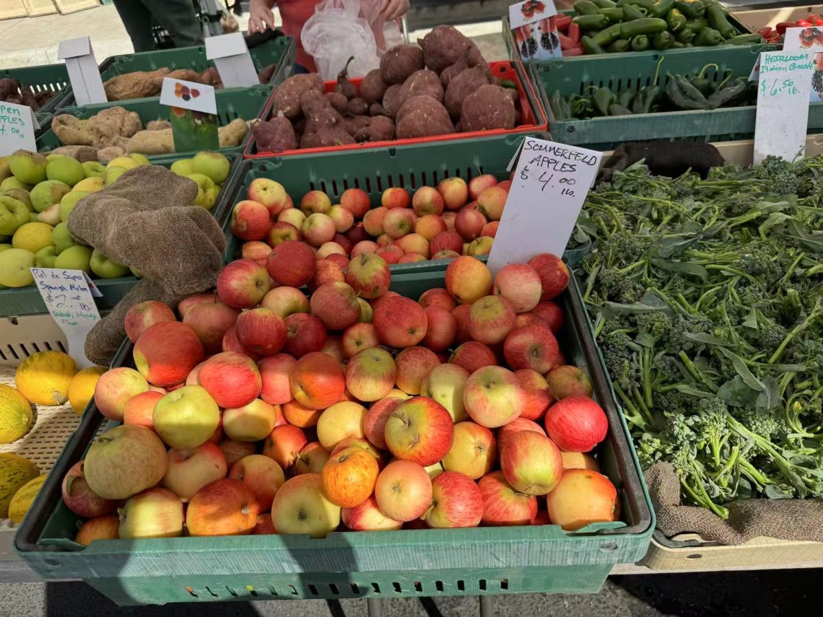 One booth at the Mountain View Farmers Market features apples, melons, broccoli, tomatoes and many other fruits and vegetables. 
